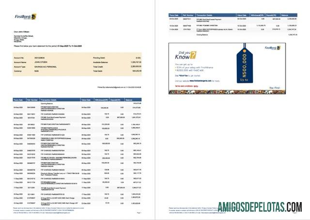 Extrato de conta bancária da Nigéria para download, modelo Word e PDF, 2 páginas, versão 2